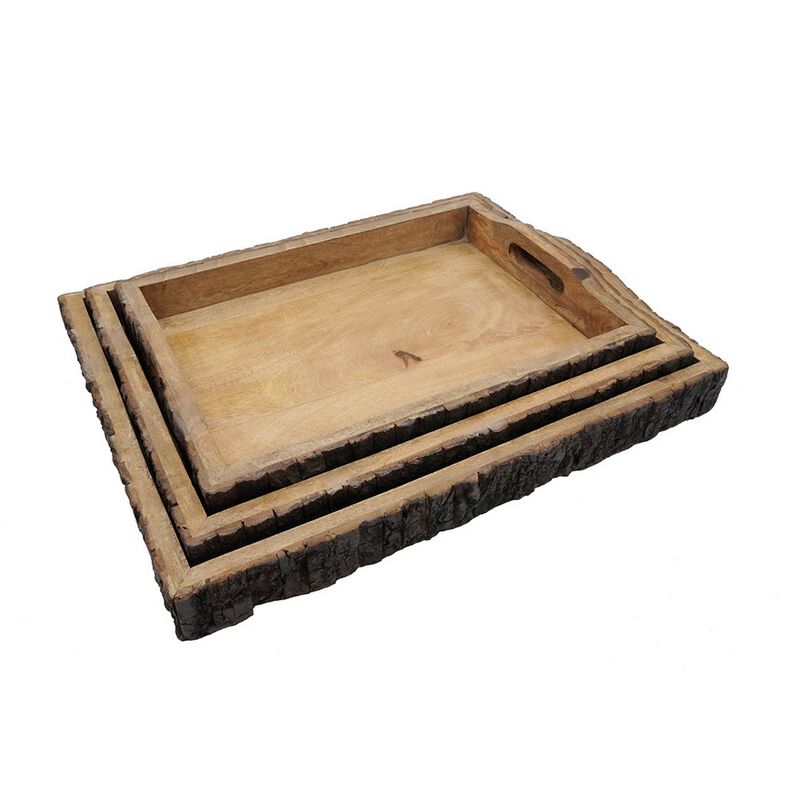 20, 18, 16 Inch Set of 3 Wood Serving Trays, Tree Bark Accent, Natural Brown - Benzara image number 1