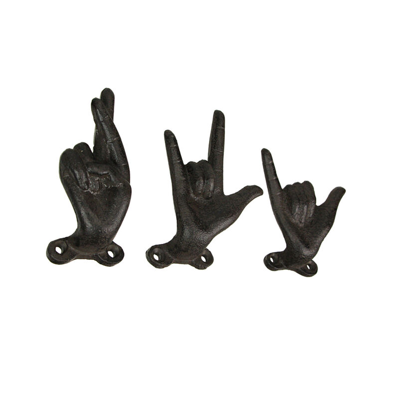 Set of 3 Brown Cast Iron Hand Gesture Wall Hooks image number 5