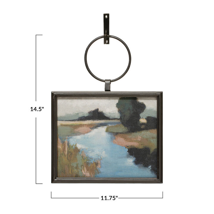 Metal and Wood Framed Landscape Wall Art with Hanging Bracket, Multicolor
