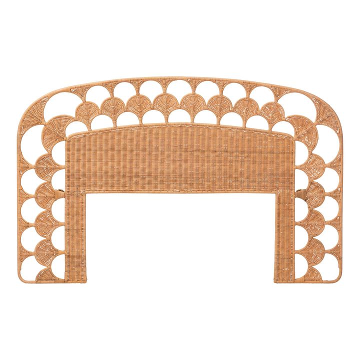 bali & pari Felician Natural Rattan Standalone Headboard - Handwoven Wicker Panel Headboard with Scalloped Fan Motif, Queen