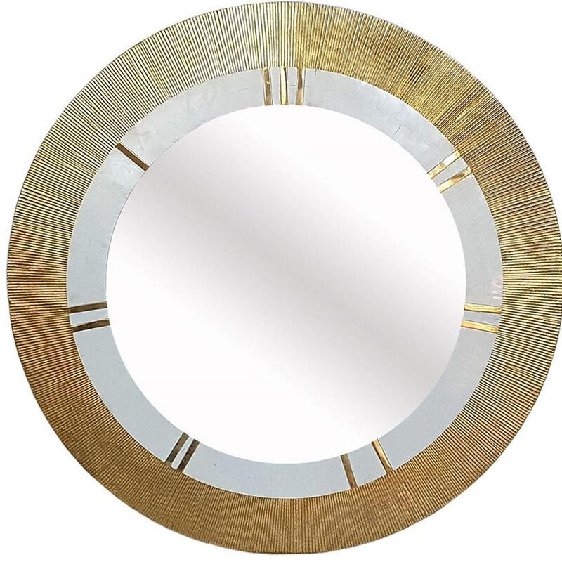 HomeRoots 36" Gold and White Round Aluminum Ribbed Edge Framed Accent Mirror image number 2