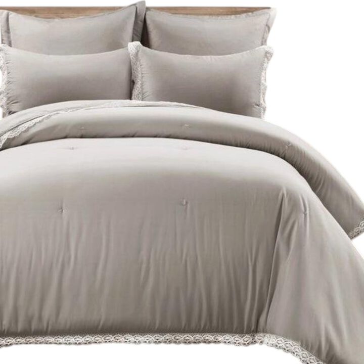 Hivvago King French Country Grey 5-Piece Lightweight Comforter Set with Lace Trim