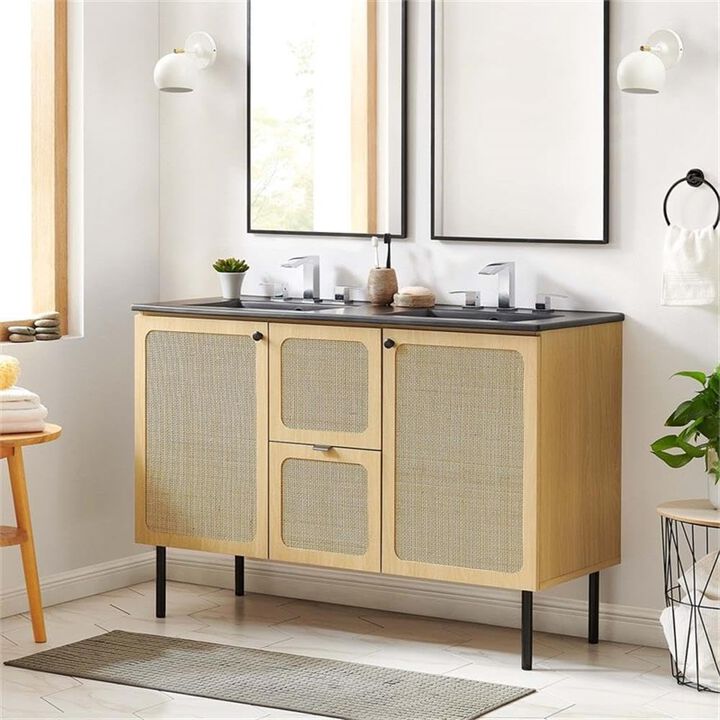 Modway Chaucer 48 Bathroom Vanity in Oak Black with Dual Ceramic Sink Basin, 48 Inches Double