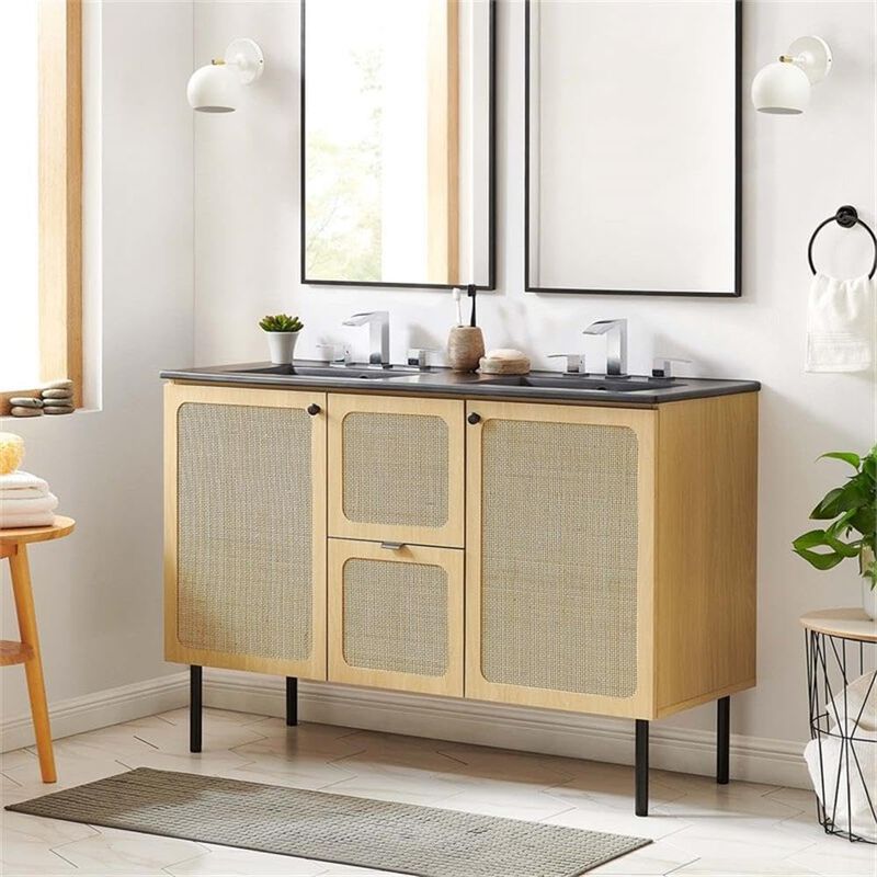 Modway Chaucer 48 Bathroom Vanity in Oak Black with Dual Ceramic Sink Basin, 48 Inches Double image number 1
