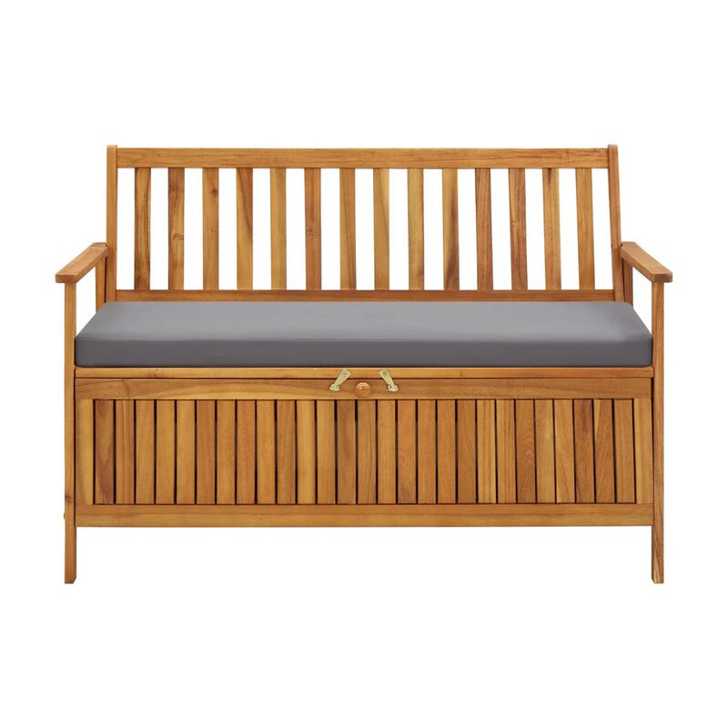 Outdoor Storage Bench, Brown Solid Acacia Wood, Gray Fabric, 47 Inch - Benzara