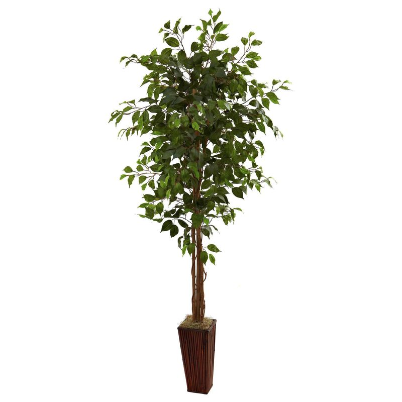 Nearly Natural 6-ft Ficus Tree w/Bamboo Planter image number 1