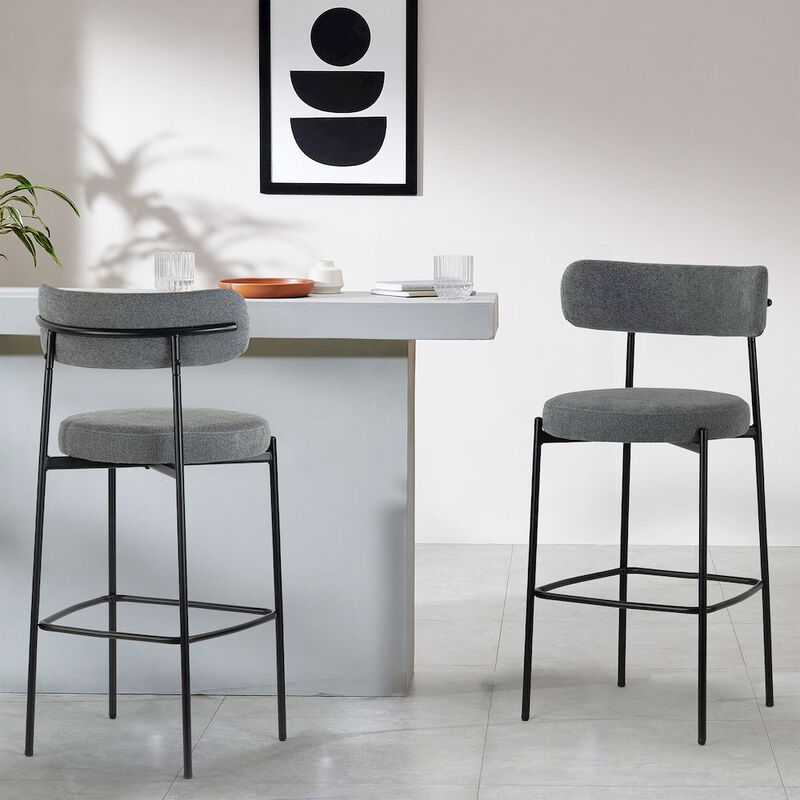 Glamour Home Set of 2 Awen Gray Boucle Bar Stool with Black Legs