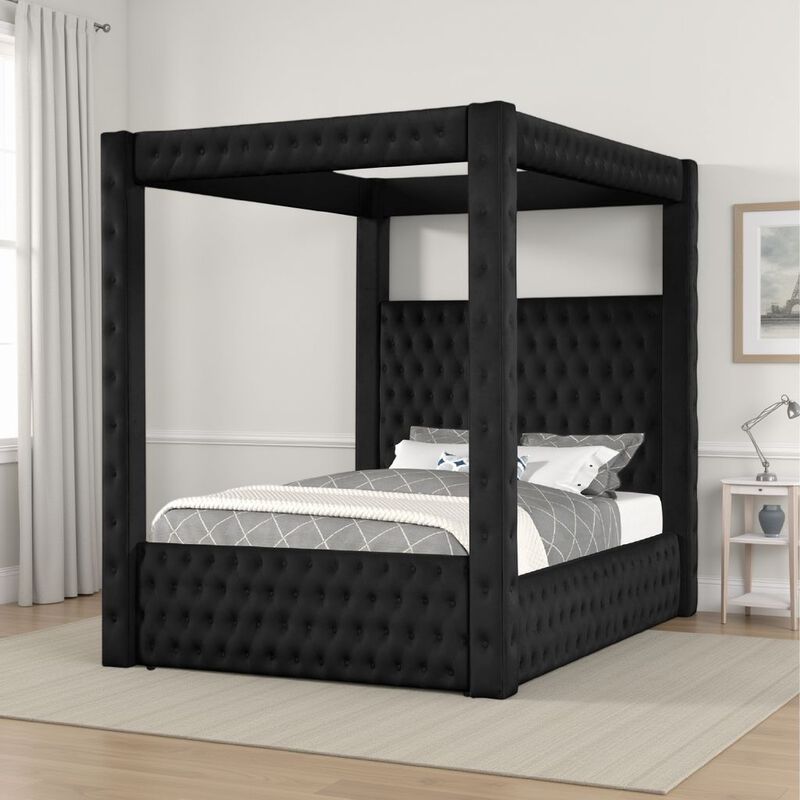 Beli King Size Canopy Bed, Tufted Design, Black Velvet Upholstery