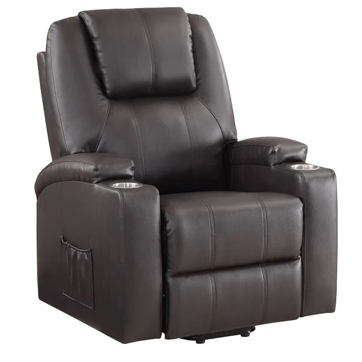 Evans 37 Inch Recliner Chair, Power Lift, 2 Cupholders, Brown Faux Leather - Benzara