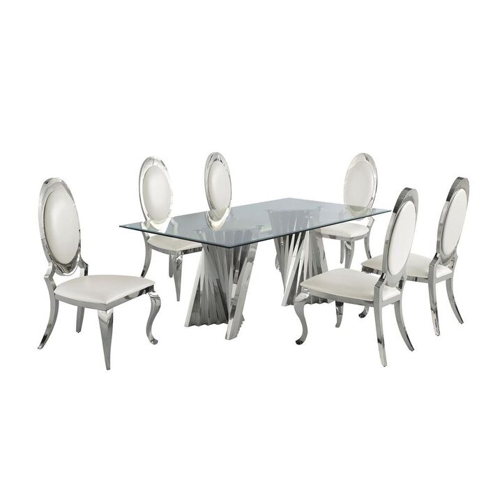 Classic 7pc Dining Set w/Faux Leather Side Chair, Glass Table w/ Silver Spiral Base, White