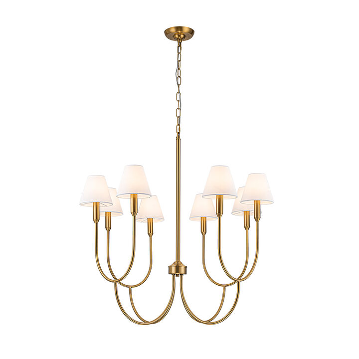 8-Light 32-Inch Mid-century Modern Satin Brass Large Chandelier with White Linen Fabric Shades For Dining Room or Foyers