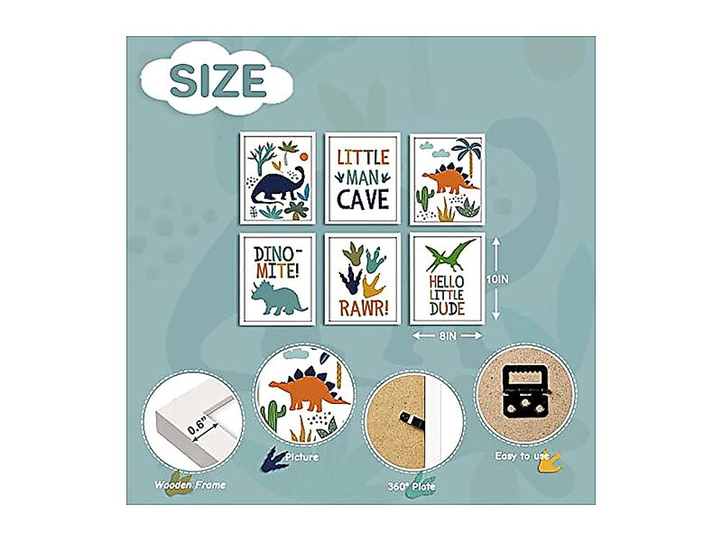 6 Pack Dinosaur Nursery Decor Framed Wall Art Boys Room Cute Baby Bedroom Kids image number 3