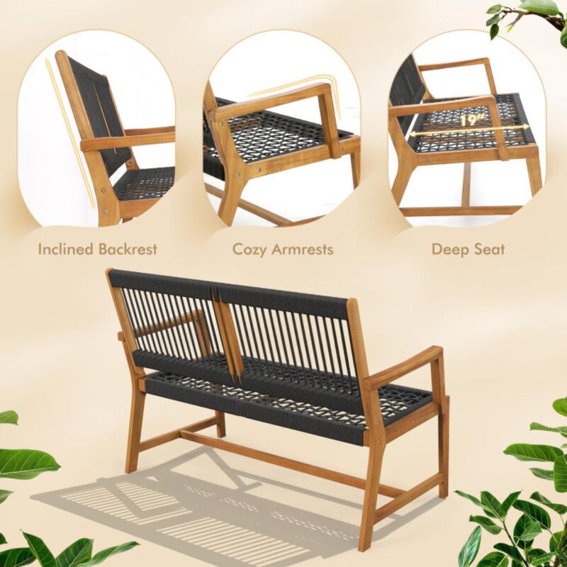 Hivvago Outdoor Acacia Wood Bench with Rope Woven Backrest and Armrests for 2-Person
