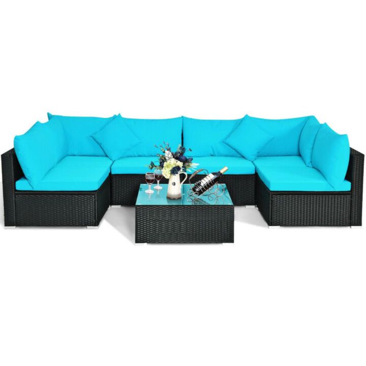 Hivvago 7 Pieces Sectional Wicker Furniture Sofa Set with Tempered Glass Top Coffee Table