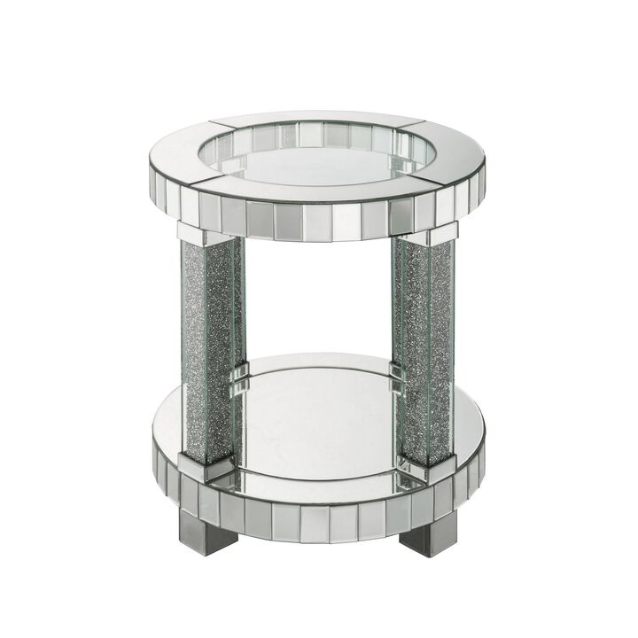 Round Mirrored Frame End Table with Faux Diamond and Bottom Shelf, Silver-Benzara