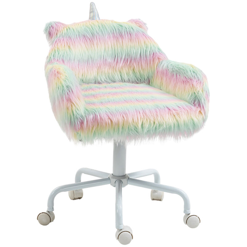 HOMCOM Fluffy Unicorn Office Chair with Mid-Back and Armrest Support, 5 Star Swivel Wheel White Base, Rainbow