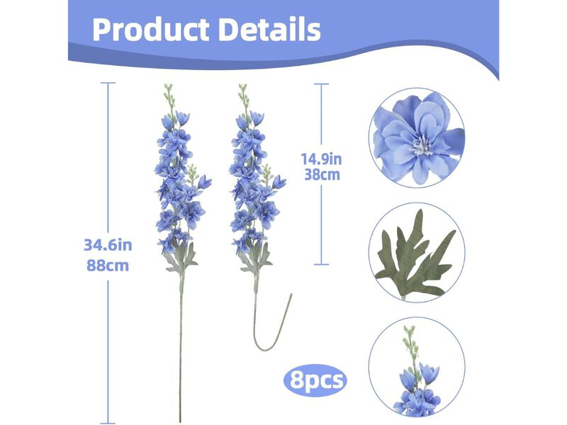 8 Piece Blue Artificial Delphinium Flower Stems Long Stem Outdoor Vase Filler image number 2