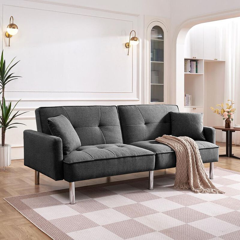 OS Home and Office Furniture Tufted Futon Convertible Sofa Sleeper with Two Throw Pillows