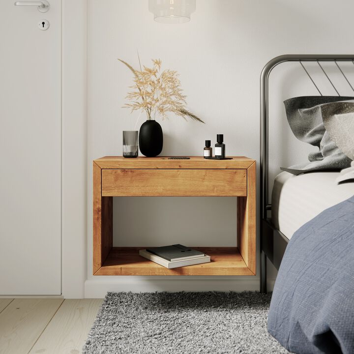 Wide Mid-Century Modern Solid Oak Hardwood Floating Nightstand with Drawer - Bedside Table for Bedroom