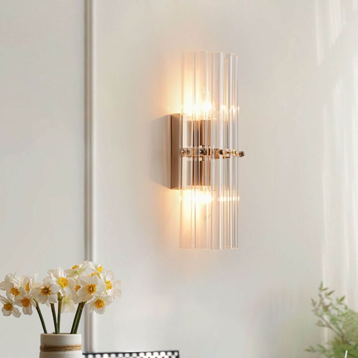 Clara 2-Light Satin Nickel Crystal Glass Bar Wall Sconce
