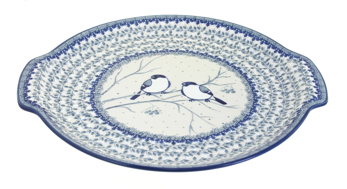 Blue Rose Polish Pottery Peacock Swirl Round Serving Tray with Handles