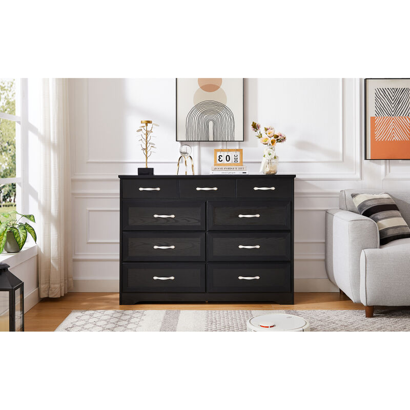 Bedroom dresser, 9 drawer long dresser with antique handles, wood chest of drawers for kids room, living room, entry and hallway, Black, 47.2" W x 15.8" D x 34.6" H. image number 3