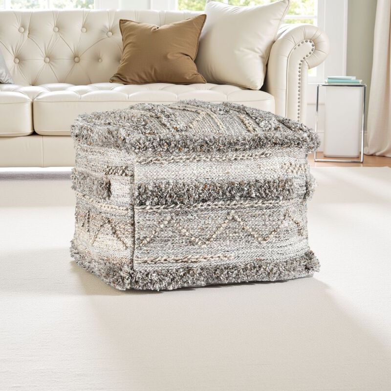 Anny Ottoman Pouf, 18 Inch Gray Polyester, Boho Knitted Texture - Benzara