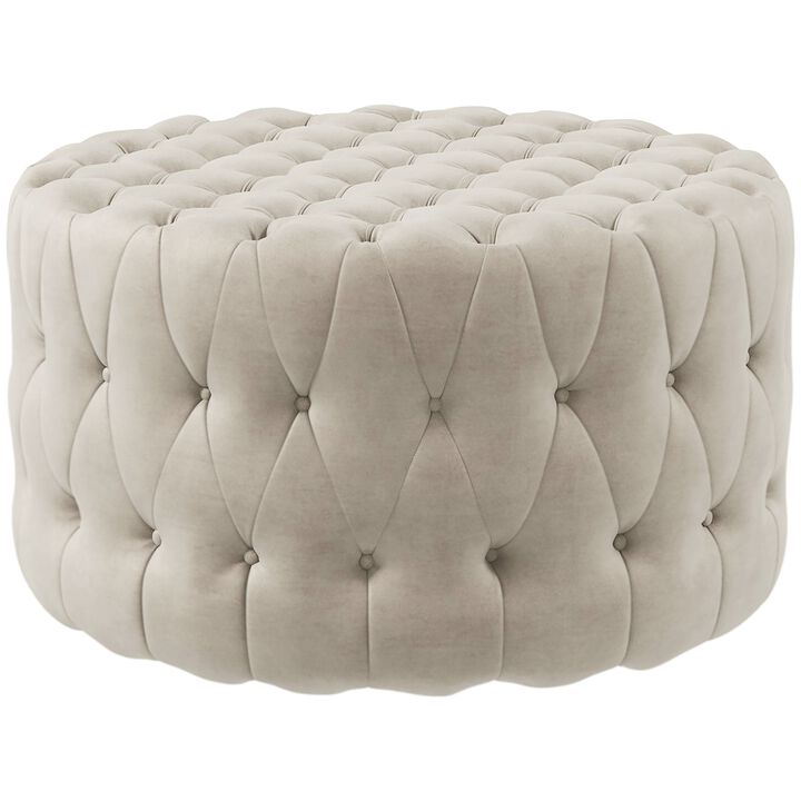 Round Ottoman Coffee Table with Velvet-feel Upholstery, Button Tufted Design and Padded Seat
