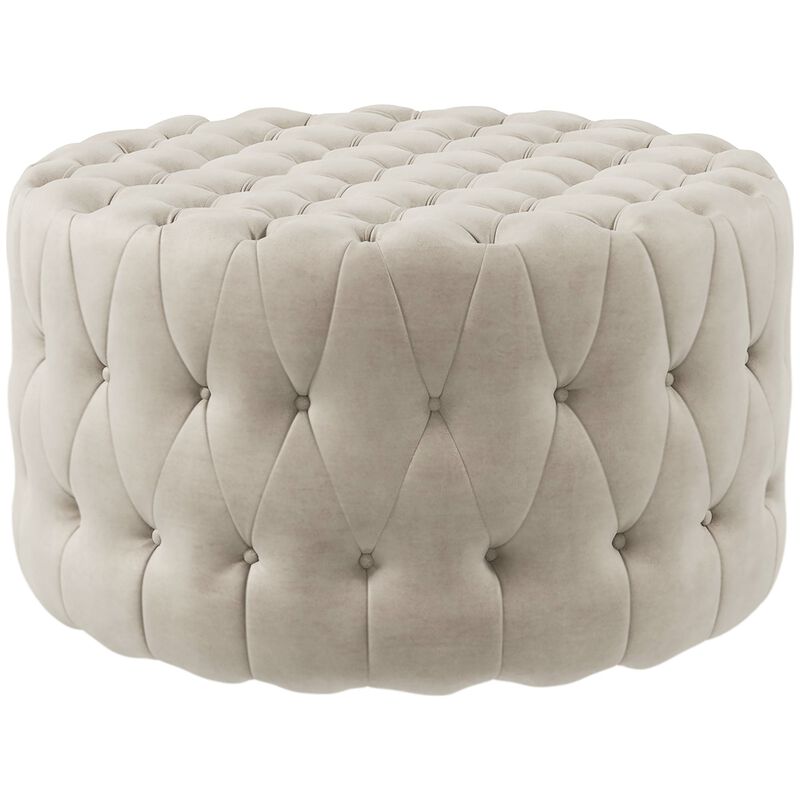 Beige Velvet-Feel Round Ottoman: Button Tufted, Padded Seat