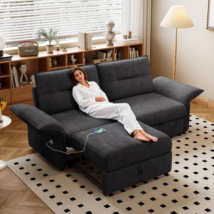 Convertible sleeper sofa bed, Plush fabric pull out futon with USB charging ports, 85 inch sofa bed for small spaces