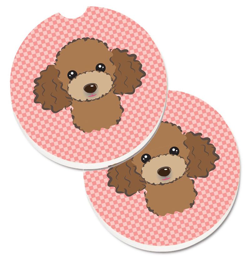 Caroline's Treasures Checkerboard Pink Chocolate Brown Poodle Set of 2 Cup Holder Car Coasters BB1256CARC, 2.56, Multicolor
