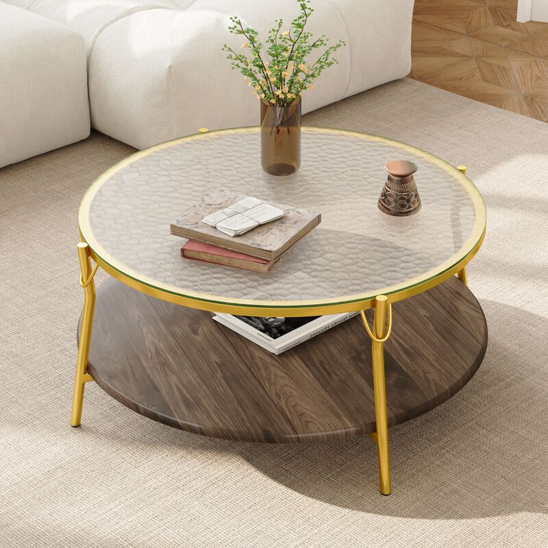 GOODSILO Modern Round Two-Tiered Coffee Table with Glass Top and Gold Metal Base for Contemporary Living Room D&eacute;cor image number 1