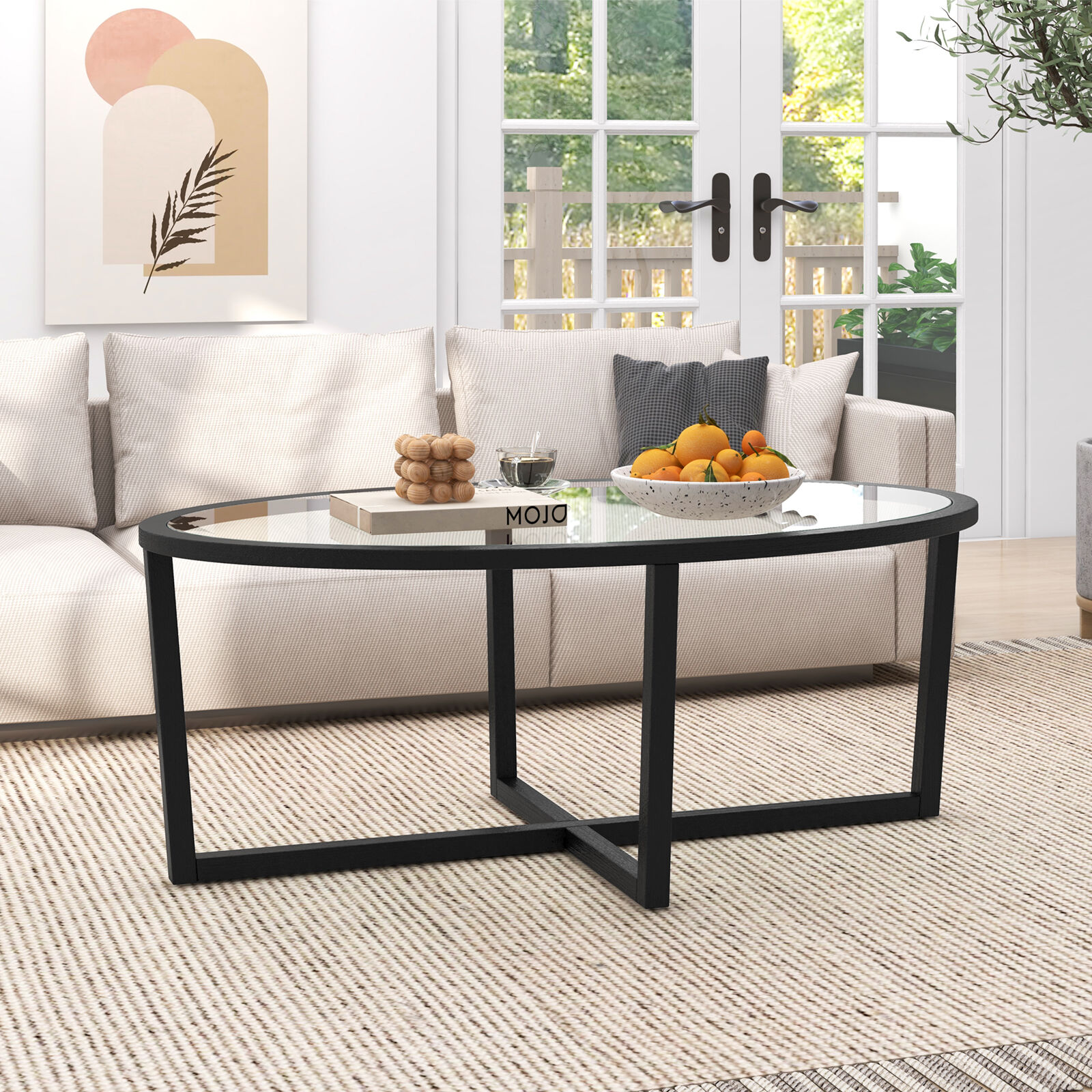 Oval Glass Coffee Table with Cross Base and Acacia Wood Legs for