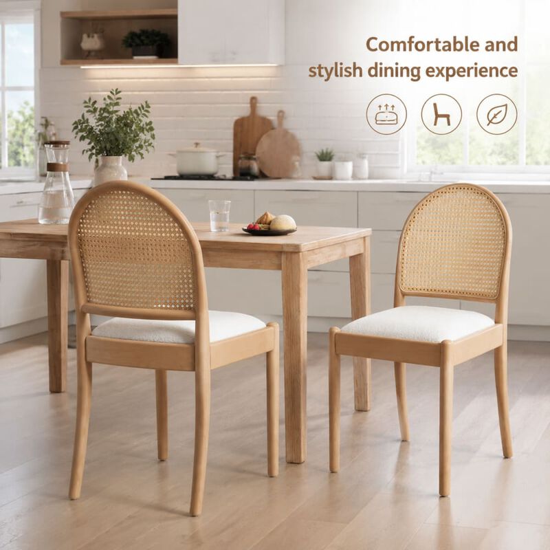 GOODSILO Set of 2 Rattan Backrest Dining Chairs, Upholstered Armless Kitchen Chairs with Padded Seats and Solid Wood Legs for Dining and Kitchen Use image number 4