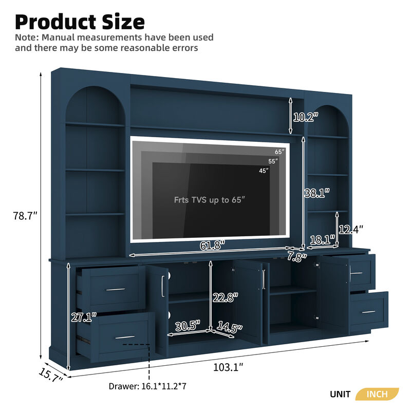Merax All-in-One TV Stand with Arched Design, 4 Drawers, Adjustable Shelves, Built-in Cable Holes image number 3