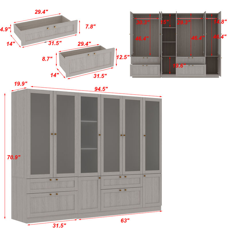 FUFU&GAGA Modern White Wardrobe with Frosted Glass Doors, Gold Accents, 4 Drawers, and Hanging Rail &ndash; Customizable L-Shape/U-Shape Closet System, (94.5" L x 19.9" W x 70.9" H),White
