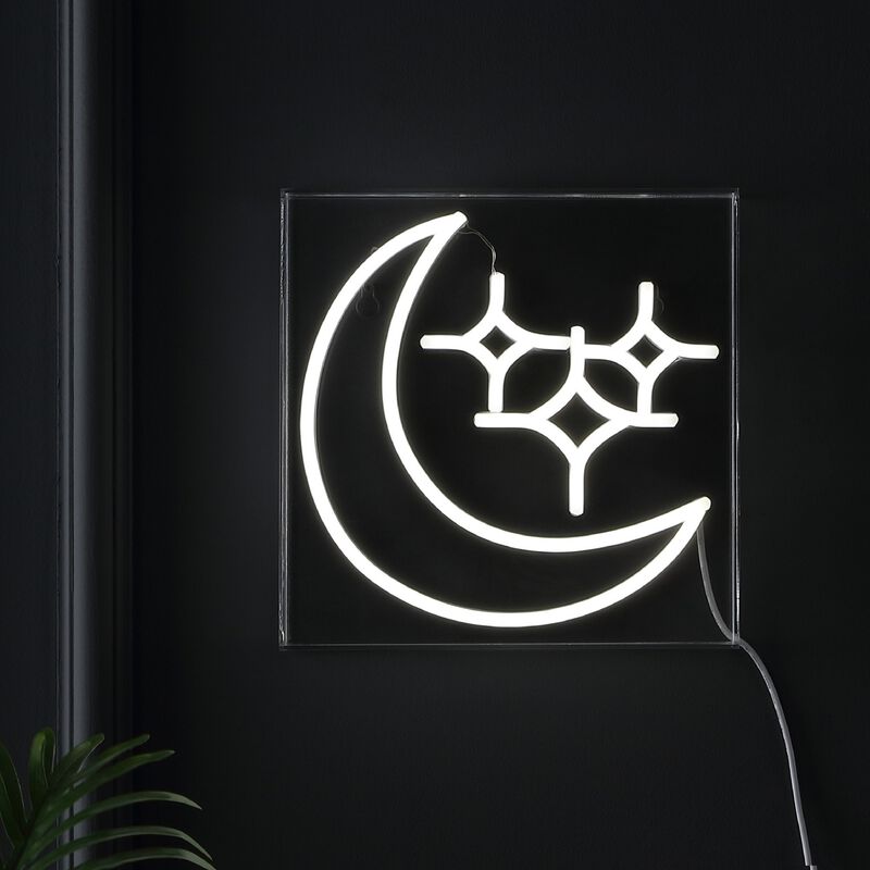 Starry Crescent 10" Square Contemporary Glam Acrylic Box USB Operated LED Neon Light, White