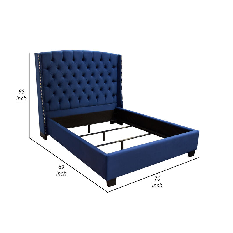 Mona Queen Size Bed, Navy Blue Velvet Upholstery, Nailhead Wingback Headboard