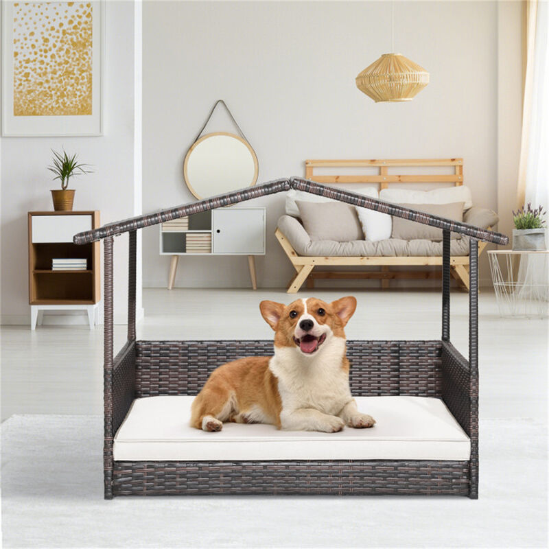 Weather-Resistant Outdoor Dog House with Canopy and Cushioned Rattan Bed