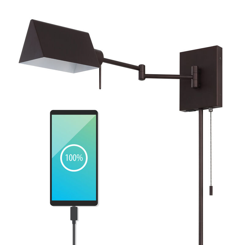 Arlo Farmhouse Industrial Single Swing Arm Plug In Or Hardwired Iron LED Wall Sconce with Pull Chain