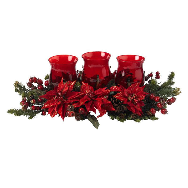Nearly Natural 30-in Poinsettia & Berry Triple Candelabrum