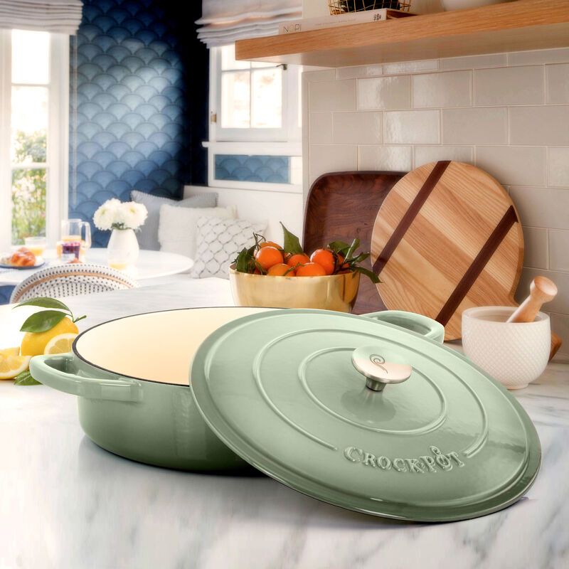 Crock Pot Artisan 5 Quart Round Enameled Cast Iron Braiser Pan with Self Basting Lid in Pistachio Green