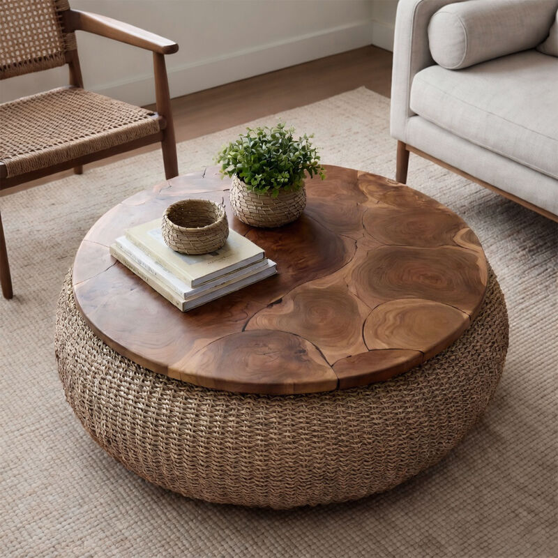 Jyra 47 Inch Round Coffee Table, Teak Wood Mosaic Top, Woven Banana Leaf Base, Natural Brown image number 7
