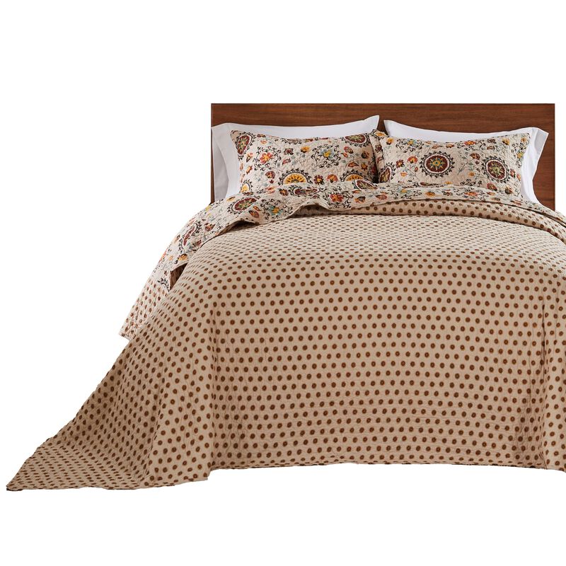 Dorra 3pc Queen Bedspread Set, 2 Shams, Floral Crest, Beige Yellow Cotton - Benzara