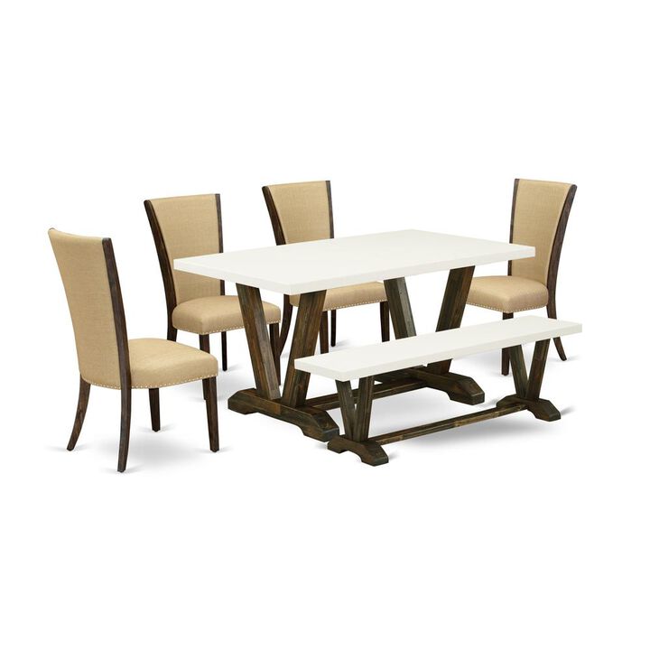 East West Furniture V726VE703-6 6 Piece Dining Room Table Set - 4 Brown Linen Fabric Dining Chair with Nailheads and Linen White Wood Table - 1 Dining Bench - Distressed Jacobean Finish