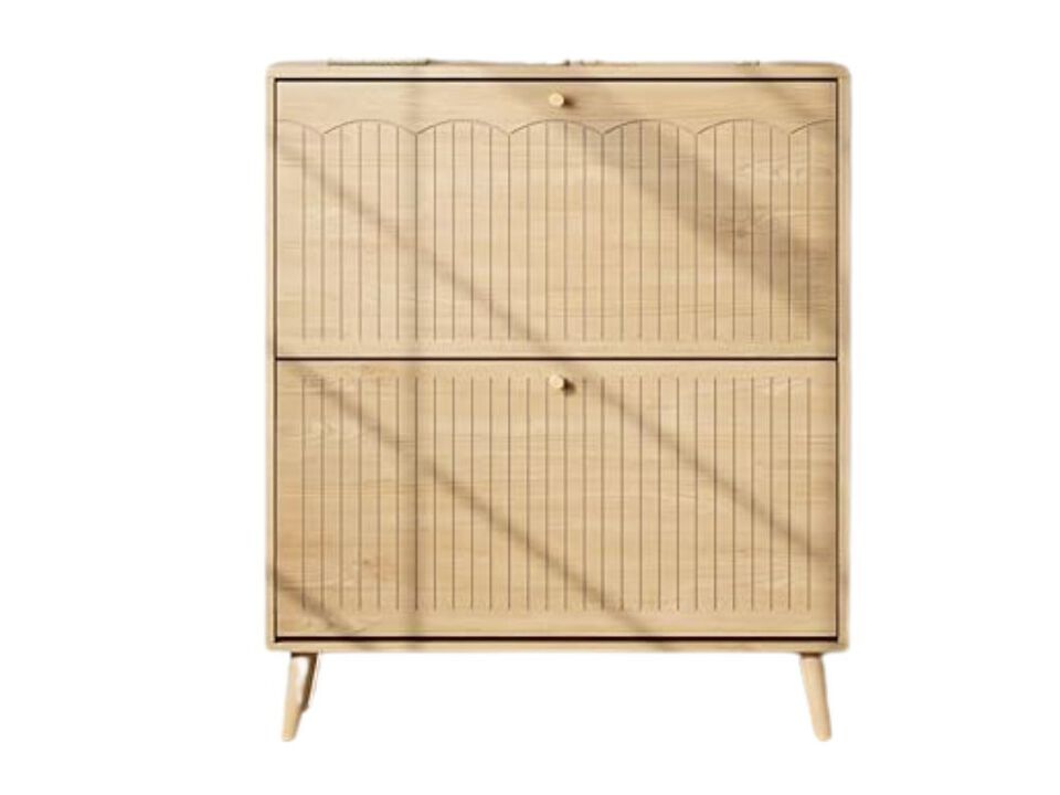 Slim Entryway Wood Shoe Cabinet Flip Drawer Adjustable Space Saving Natural Oak