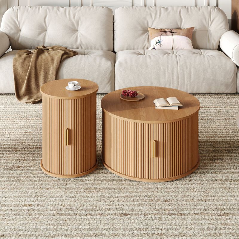 Mid Century Coffee Table Set with Sliding Tambour Door Fluted Round End Table with Storage image number 2