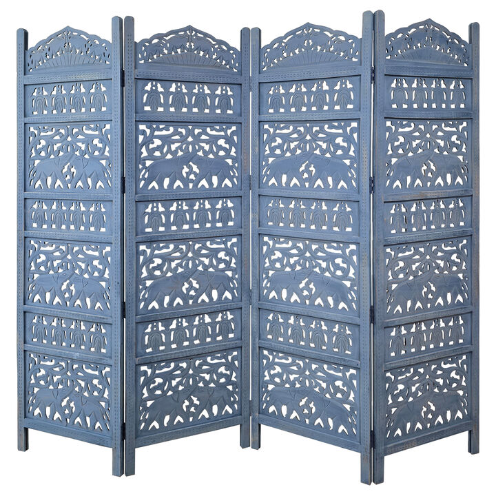 Jumbo 4 Panel Folding Room Divider Screen, Antique Blue Mango Wood, Elephant Motif Carved Design - Benzara