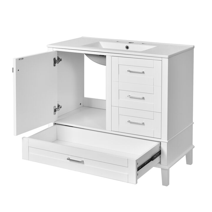 Whisen 36 in. Bathroom Storage Cabinet Bathroom Vanity with Ceramic Sink, Soft Close Door and 3 Drawers