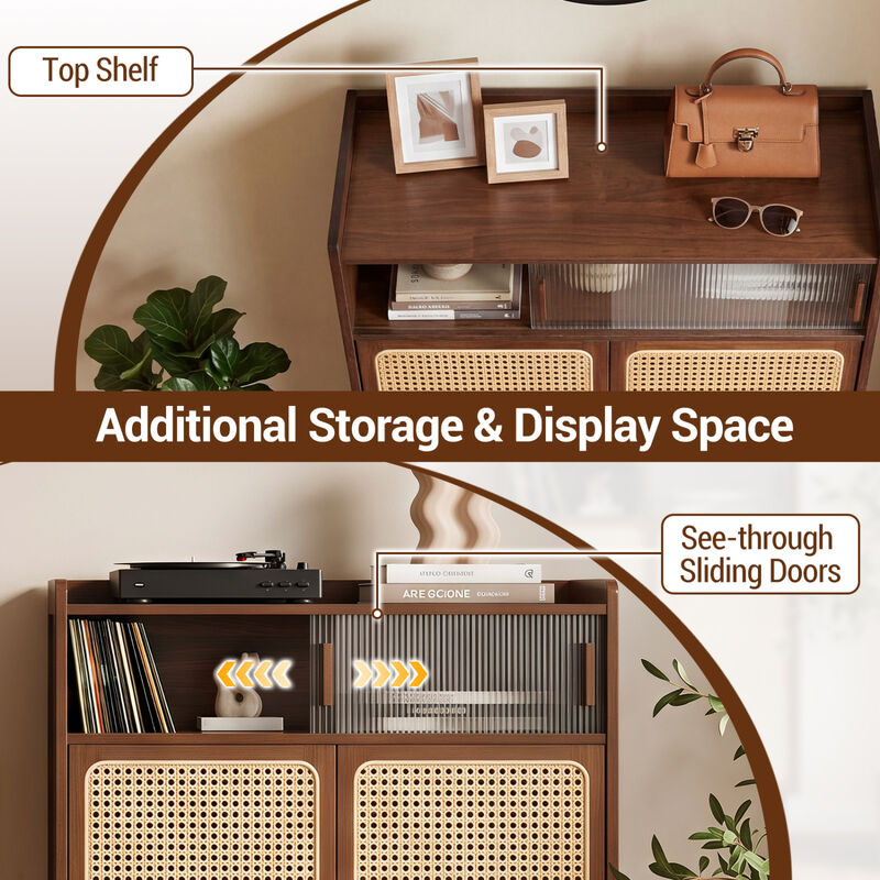 5-Tier Bamboo Shoe Cabinet with Woven Rattan Doors and Sliding Doors for Entryway image number 5